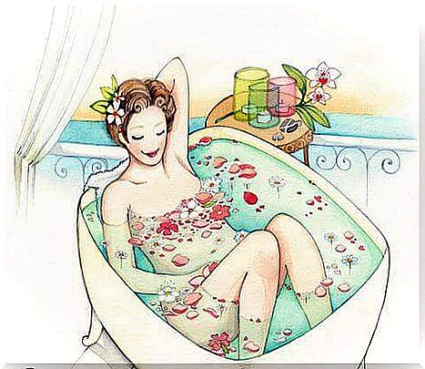 woman in bathtub with flowers