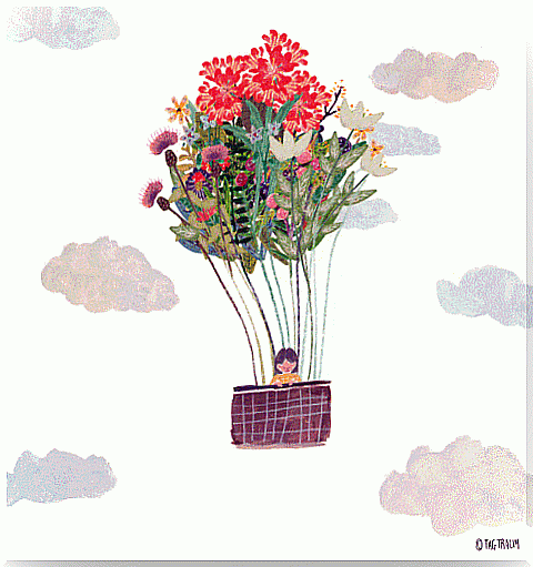 girl in balloon of flowers