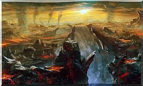 An oil painting of a landscape filled with fire and smoke.