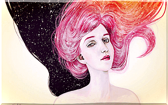 Woman with pink hair in the universe