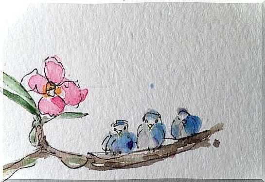 Watercolor paint, three birds sitting on a branch