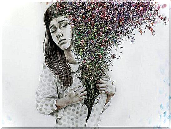 Flowers grow out of a woman's body