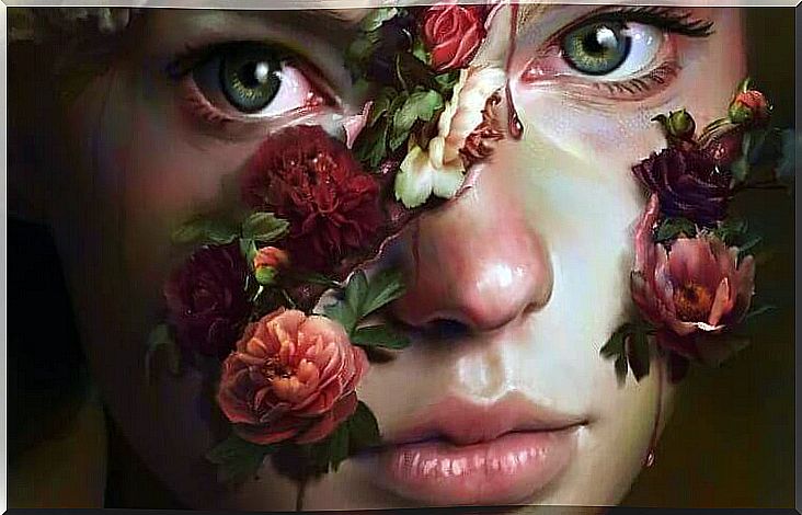 A girl with flowers comes out of her face.